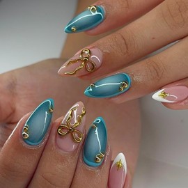 Gold Bow Press on Nails Medium Almond Fake Nails Blue Green Gradient False Nails with Pearls Charms Designs Artificial Nails 3D Shiny Golden Star Stick on Nails for Women DIY Manicure Decoration 24Pcs