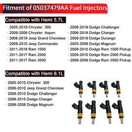 NITOYO 05037479AA FJ732 Fuel Injectors Compatible with Dodge Challenger Charger Durango Ram 1500 2500 3500, Jeep Commander Grand Cherokee, Chrysler 300 Aspen, 5.7L 6.1L, 4 Holes (set of 8)