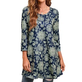 Enmain Ladies Tunic Tops Long Sleeve Womens Casual Longline Tops Ladies 3/4 Sleeves Tunic Dress for Women UK Elegant Tunics Blouse Shirts for Leggings,Navy Blue,3XL