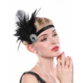 Teyglen 1920s Flapper Black Feather Headband Rhinestone Feather Hair Band Black Headpiece Roaring 20s Costume Hair Accessories for Women Girls Cocktail Party Prom