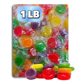 Fruit Disc. Hard Candy. Assorted Classic Flavors (Cherry, Orange, Lemon, Grape, Lime). Individually Wrapped Candies. 1 Pound Bag. Approx. 90 count.