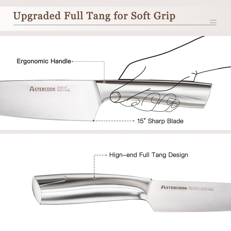 Astercook Knife Set Kitchen with Block and Sharpener Full Tang