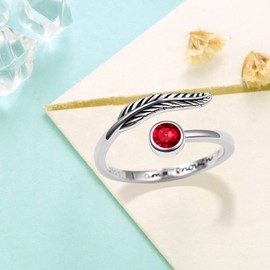 Birthstone Women's Adjustable Ring, 925 Sterling Silver, Feather Ring Birthstone Jewellery, Birthday Gift for Women and Girls