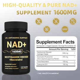 Suplemento NAD de 1600 mg, NAD+ con resveratrol y ribósido de nicotinamida, apoyo antienvejecimiento, energía celular y apoyo a la claridad mental, ve