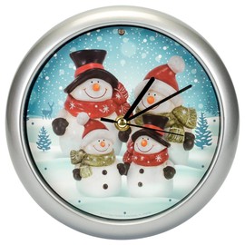 Mark Feldstein & Associates Snowman Family Winter Wonderland Round Silvertone Framed 8 Inch Musical Wall Clock