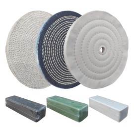 6PC 8 Inch Stainless Steel Polishing Buffing Wheel Kit for Bench Grinder,kit with Each 1PC 5/8 Inch Arbor Hole Sisal/Denim/Cotton Wheel and Each 1PC 100g Bar Black/Green/White Polishing Compound