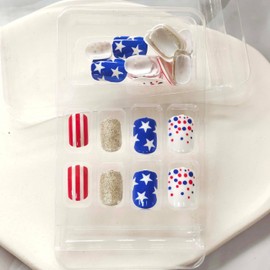 24pcs Independence Day Nail Short Press on Nails Artificial Square FakeNails Glossy Red Blue False Nails with Glitter Dot Designs Star Stripe Full Cover Acrylic Nails Short Glue on Nails for Women