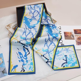 GIMIRO Satin Silk Scarf Double Layers 150 x 16 cm Tie Flowers Waist Belt for Blazer, Coat, Dress, Blue Irregular Curves