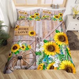 Sunflower Duvet Cover Set King Size Rustic Farmhouse Bedding Set Spring Flowers Comforter Cover 3pcs for Kids Girls Women Boys Room Decor Home Themed Barn Door Quilt Cover with 2 Pillowcases
