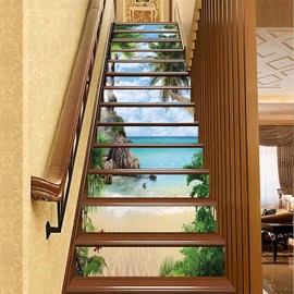 FLFK 13Pcs Stair Risers Stickers 39.37"x7.08",Peel and Sick Vinyl Staircase Stickers Decals, Summer Palm Tree Beach Mural Wallpaper for Stair Steps