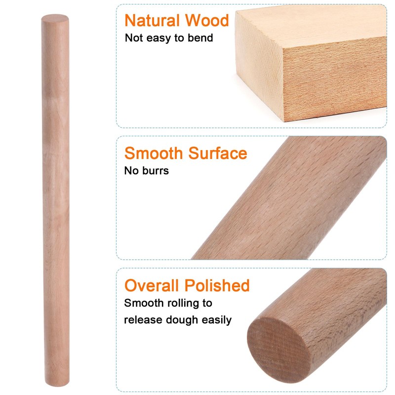 HARFINGTON Rolling Pin 15.7" x 1.1" Cylindrical Smooth Non-Stick Beech