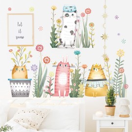 Buer Homie Cat Wall Decal, Cat Wall Sticker for Children, Cat Plant Wallpaper, Wall Stickers for Kids, Flowers and Cats Kitty Decals