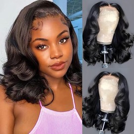 Aolisox 12 Inch Bob Wig Human Hair 13x6 Body Wave Lace Front Wigs Human Hair Pre Plucked 200 Density HD Lace Frontal Wigs Human Hair for Women Glueless Wigs Human Hair with Baby Hair Natural Black