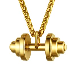 U7 Fitness Necklace 18K Gold Plated Chain Workout Barbell Pendant for Men