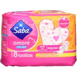 Saba Toallas Sanitarias para Dama Amore, color Rosa/Naranja, 8 Piezas