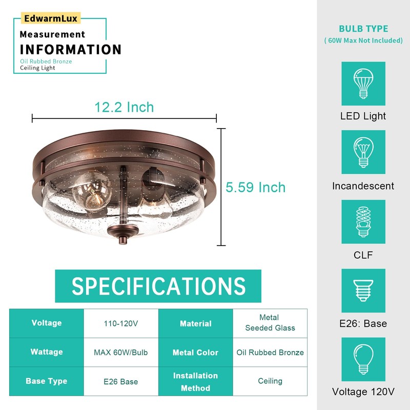 Edwarmlux Flush Mount Ceiling Lights, 2-Light Farmhouse Close to Ceiling