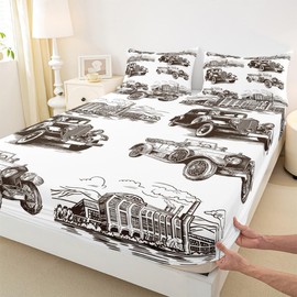Manfei Retro Car Kids Fitted Sheet Twin Size, Vintage Train Trailer Bed Cover with 1 Pillowcase, Steam Locomotive Bedding Set for Boys Girls Adults Bedroom Decor, Soft Polyester Bedding