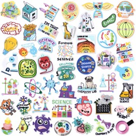 Hotop 48 Pcs Science Iron on Patches Lab Week 2025 Gifts Laboratory Embroidered Patch Cartoon Cute Physics Biology Chemistry Sew on Applique for Jeans Clothes Backpack Cap DIY Crafts Sew Making