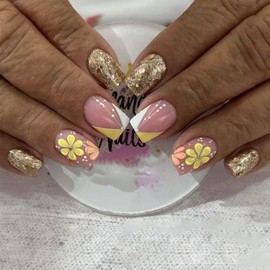 3D Flower Press on Nails Glossy Gold Glitter Short Square False Nail Daisy Gel Glue on Fingernails French Tips Acrylic Full Cover Fake Nails Line Stick on Nail 24Pcs for Holiday Manicure Art