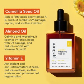grüum 30ml After Sun Oil for Face - 100% Natural Aftersun Oil with Vitamin E, Camellia & Almond Oils - After sun care for Women & Men - Made in the UK