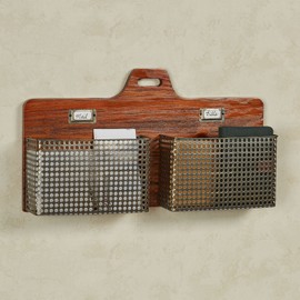 Sawyer Vertical Wall Organizer - Mission Red Oak - Handcrafted - Wooden Back, Metal Baskets - Vintage Hanging Organizer - Two Tier Basket for Mail, Paper, Letters - 24 Inches Wide Horizontal