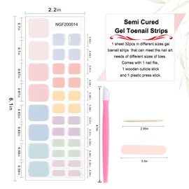 WOKOTO Semi Cured Gel Nail Strips For Toenails, 16 Size 32 Tips Multicolor Pastels Toe Nail Polish Strips With Nail File & Wooden Stick, Works With Lamps, Salon-Quality, Long Lasting, Easy To Use