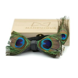 Indian Peafowl Feather Bow Tie & Lapel Pin Set - Mandujour Handmade Bowties