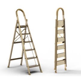 GameGem Lightweight Aluminum 6 Step Ladder for 12 Feet High Ceiling, Folding Step Stool Stepladders with Anti-Slip and Wide Pedal for Home and Kitchen Use Space Saving (Gold)