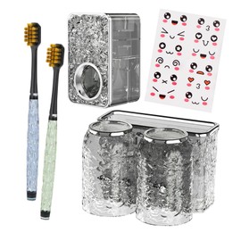 Toothbrush Holders Combo Set for Bathroom，Stylish Wall Mounted Toothbrush Holder with Organizer+Advanced Ultra Fine Soft Bristle Crystal Tooth Brush+Wall Mounted Toothpaste Squeezer+Emoji Stickers