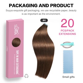 SUYYA Tape in Hair Extensions Human Hair chocolate brown 100% Remy Human Hair 50g/pack 20pcs Straight Seamless Skin Weft Tape Hair Extensions(22 inches #4 Dark Brown)