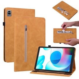 SATURCASE Case for Realme Pad Mini 8.7, Multifunction PU Leather Flip Wallet Stand Card Slots Elastic Band Zipper Pocket Pen Holder Protective Cover (Yellow)