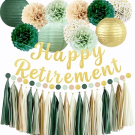 Sage Green Retirement Party Decorations, Happy Retirement Banner, Tissue Paper Pom Poms, Paper Lanterns, Circle Dots Garland, Tassel Garland for Retirement Party Supplies