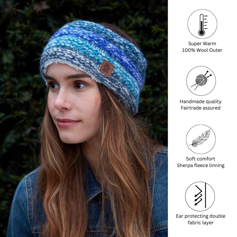 Pachamama Women Wool/Mohair Ear Warmer Headband Fleece Lined Handknitted Neutral