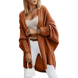 Miladusa Women's Fall Cardigans 2024 Trendy Open Front Batwing Sleeve Knit Oversized Long Cardigan Sweaters Brown