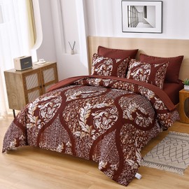 Anibedding Burgundy Comforter Set Queen Size, 7 Pieces Bed in a Bag Bohemian Damask Comforter Set, Soft Lightweight Microfiber Bedding Set for All Season (90"x90")