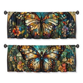Butterfly Curtain Valance for Windows 2 Pack Stained Glass Flower Vintage Colorful Rod Pocket Window Treatments Short Curtains for Kitchen Windows Bathroom Bedroom 54x18 Inch