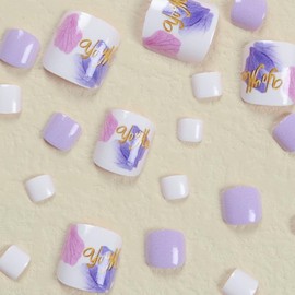 24 Pcs Purple Press on Toenails - SHANRUN Toe Press on Nails Fake Nails French Butterfly Glossy Gel X Nail Tips Full Cover Acrylic Toe Nail Press ons with Nail File Stick Jelly Glue on Nails Kit