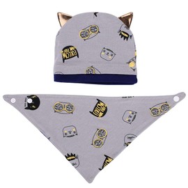 Cute Baby Hat and Scarf Set Cotton Kids Toddler Beanie Hat Infant Newborn Hat Cat Print Skull Hat Cap and Neckerchief Bibs Neck Scarf Wrap Baby Gift for 0-6-12 Months Boys Girls
