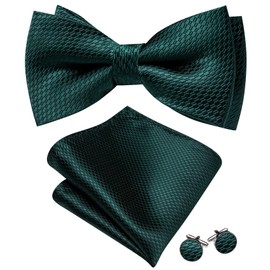 Barry.Wang Emerald Green Bow Ties for Men Pre-tied Bow Tie with Pocket Square Cufflinks Set Solid Color Checkered Bowtie