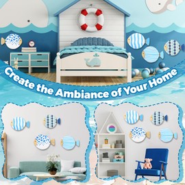 HJZHII 4pcs Wood Fish Wall Decor, Vintage Blue Fish Hanging Sculptures Nautical Coastal Wall Art Decor Ocean Beach Theme Ornaments for Lake House Bathroom Bedroom