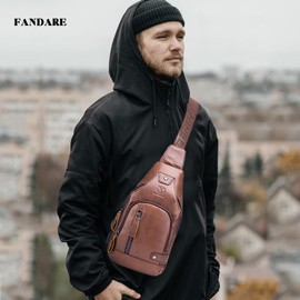 FANDARE Leather Chest Bag Sling Backpack Sling Chest Bag for Men Shoulder Backpack Boy Shoulder Bag for Outdoor Sports Hiking Cycling Mountaineering Travel Durable Water Resistant, red brown, Elegant