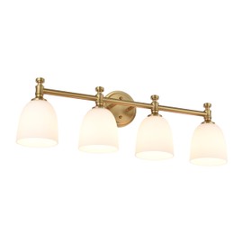 Ntsunxeko Gold Bathroom Vanity Light, 4-Light Bathroom Light Fixtures Over Mirror, Traditional Vanity Lights for Living Room, Milk White Bell Glass Shades, Standard E26 Base, Aged Brass