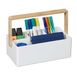 Relaxdays Organizer mit Griff, 4 Fächer, tragbar, Aufbewahrung, Bambus Henkel, Sortierbox, HBT 8,5 x 26 x 16 cm, weiß