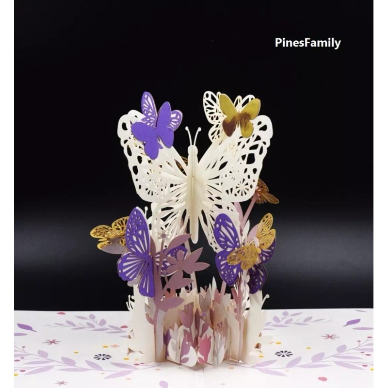 PinesFamily A05-Enchanting 3D Pop-Up Hollow Purple Butterfly Greeting Card |