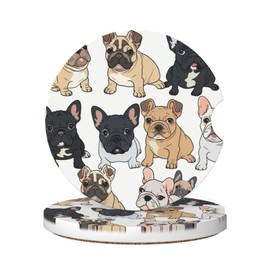 Buyidec Cartoon French Bulldog Dogs Absorbent Car Coasters 2 Pack Cup Holders, 2.56" Ceramic Stone & Non-Scratch Cork Base Drink Coasters Cute Car Assecories for Women Men