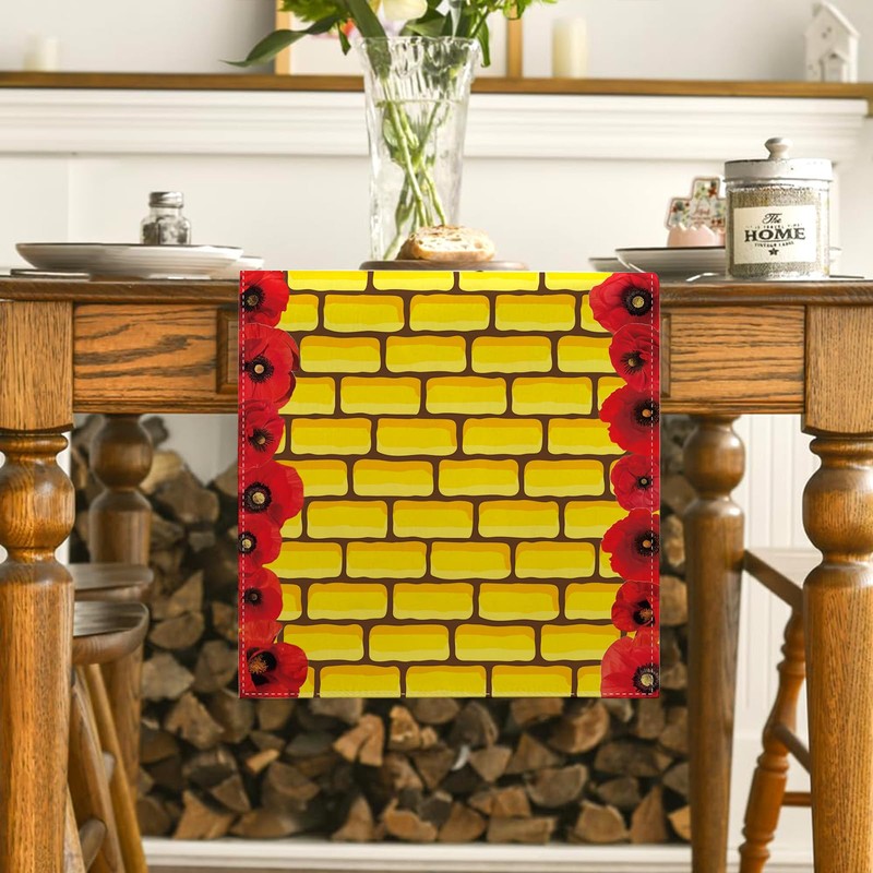 Yellow Brick Road Table Runner Brick Stone Wall Red Flower