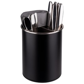 APS 11748 Cutlery Holder Rotatable Diameter 13 cm Height 16.5 cm Furniture Friendly Bottom Removable Divider (3 Compartments) Stainless Steel Black