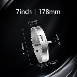 Mollom (7''|178mm) Heavy Duty Carbide Hole Saw with 2 Pilot Drill Bits, Hole Cutter cuts Stainless Steel, mild Steel, Iron, Copper, Brass, Plastic