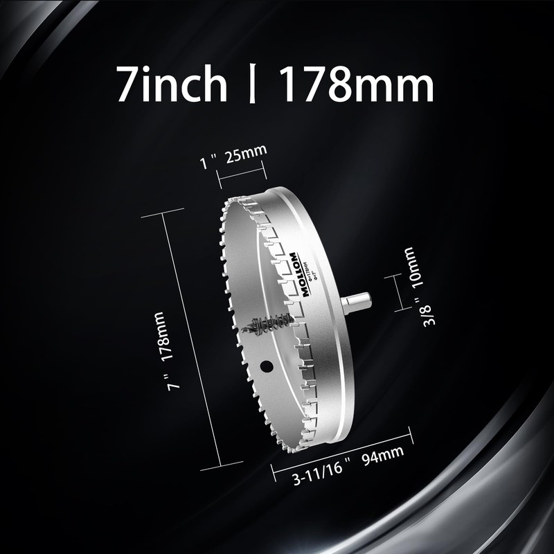 Mollom (7''|178mm) Heavy Duty Carbide Hole Saw with 2 Pilot