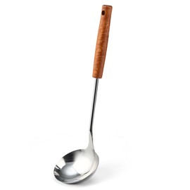 FJNATINH Soup Ladle, Food Grade Stainless Steel Ladle, Cooking Soup Spoon Kitchen Tools with Heat Resistant Wooden Handle, 13.7 Inches
